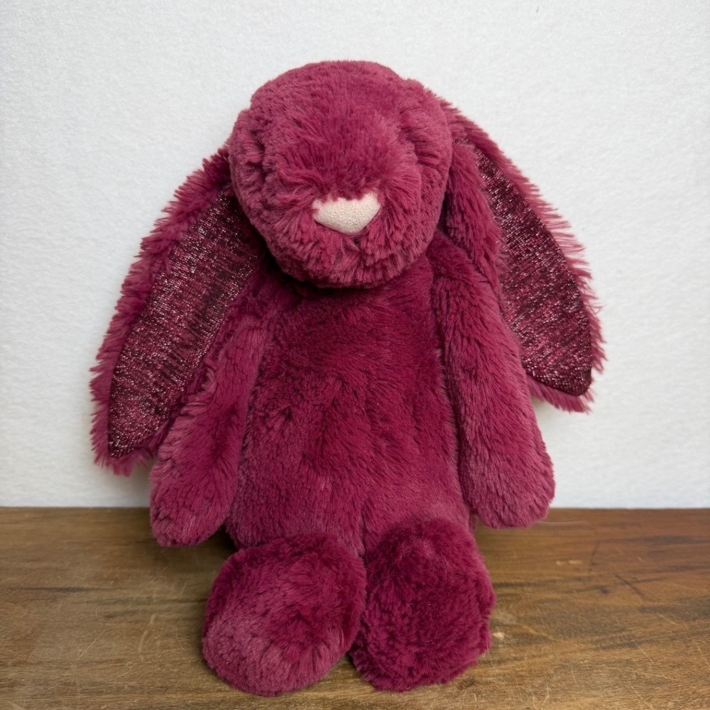 Jellycat Plush Cassis Bashful Bunny Red Burgundy Sparkly Ears Chenille 12"